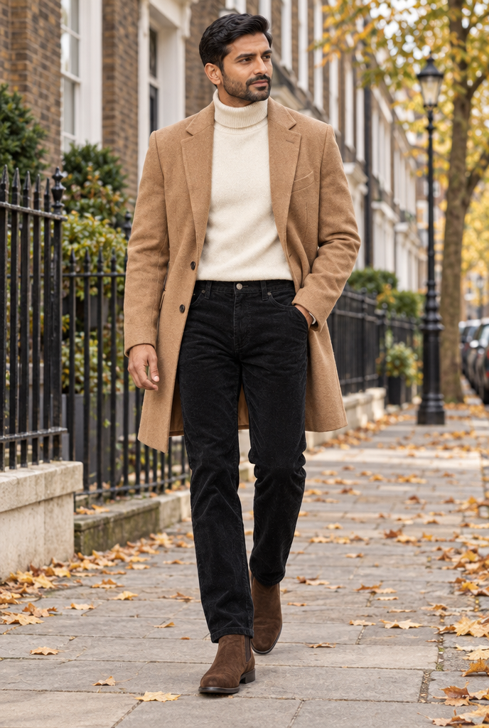 Pantalon droit en velours côtelé doublé — Noir — en situation