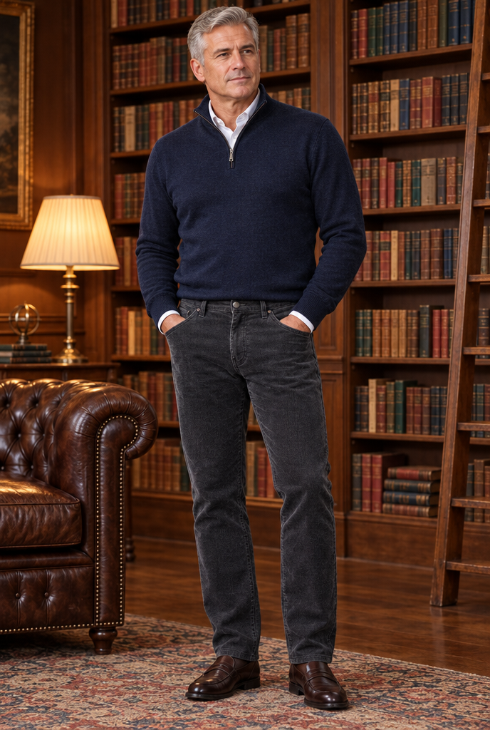 Pantalon droit en velours côtelé doublé — Anthracite — en situation