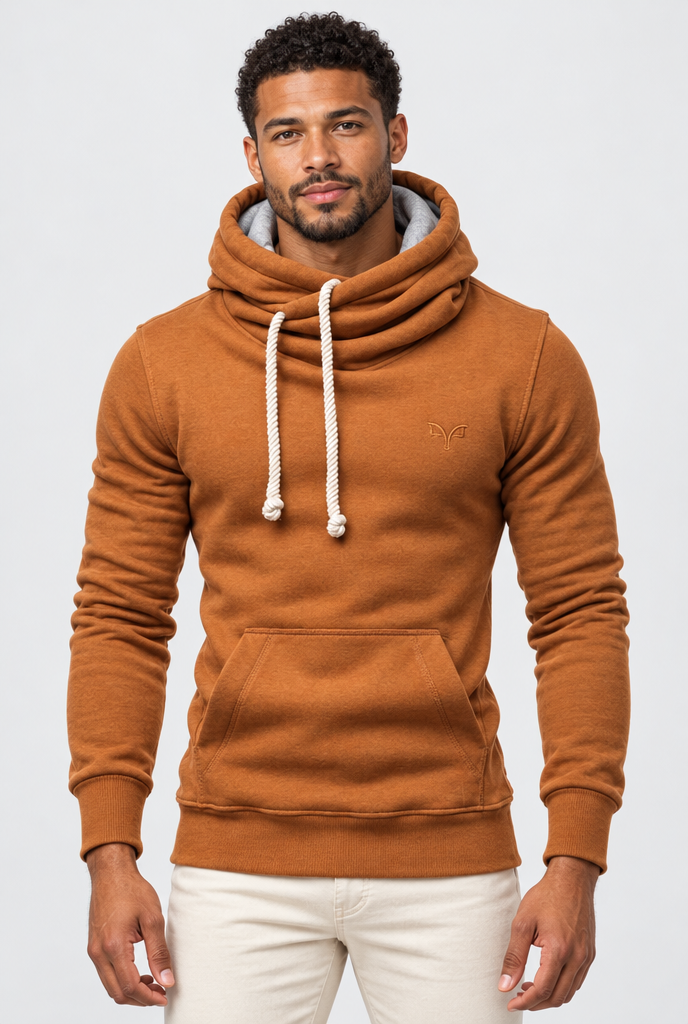 Caramel cowl-neck pullover hoodie, studio hero