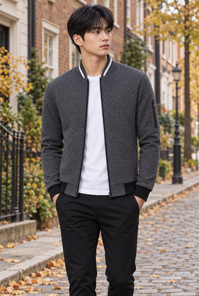 Charcoal quilted zip bomber jacket, lifestyle