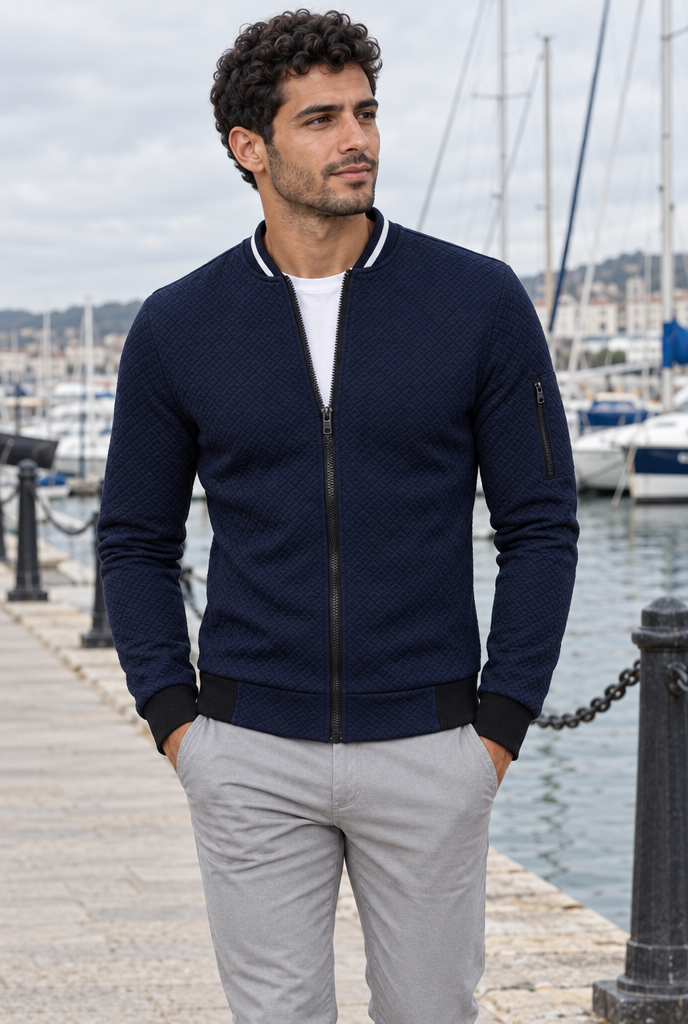 Navy quilted zip bomber jacket, lifestyle