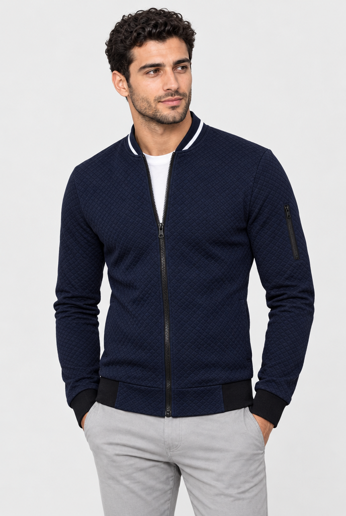 Navy quilted zip bomber jacket, hero