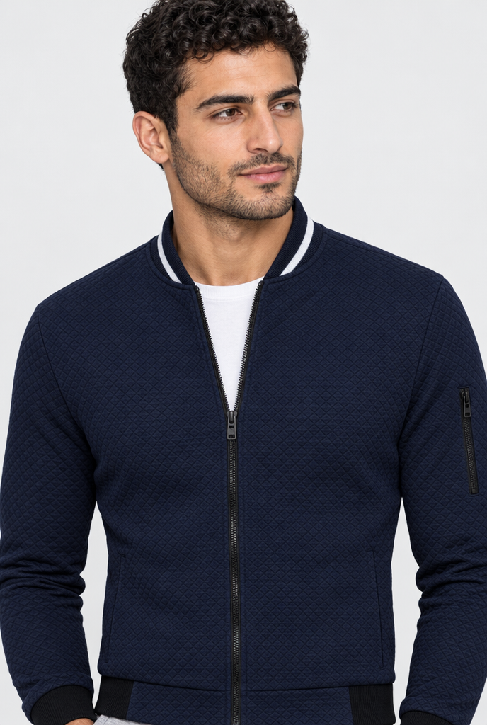 Navy quilted zip bomber jacket, collar