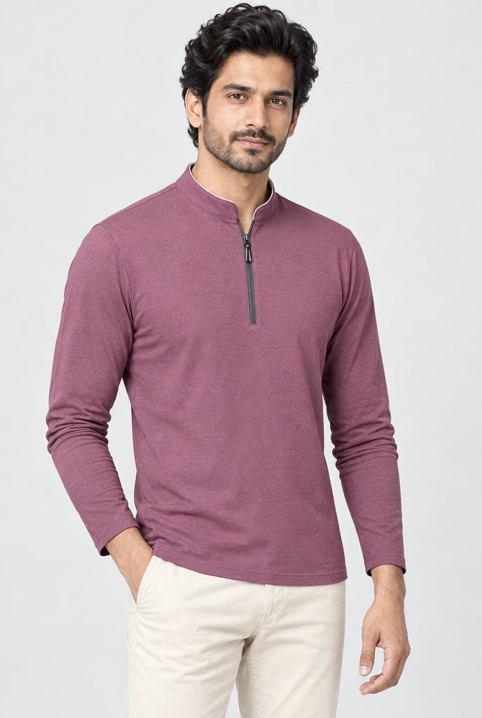 Mauve quarter-zip long-sleeve tee, studio hero