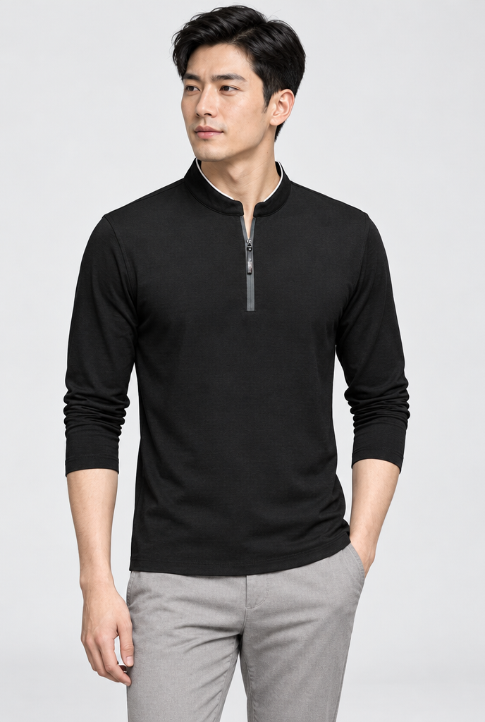 T-shirt manches longues col montant zippé — Noir — photo studio