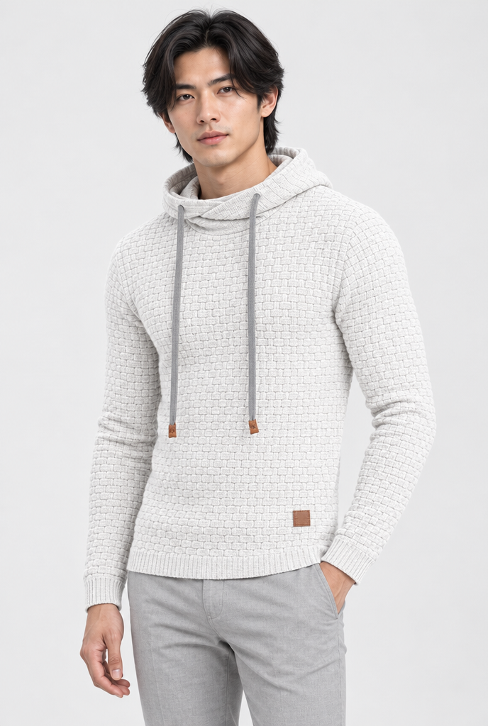 Pull à capuche en maille vannerie — Écru — photo studio