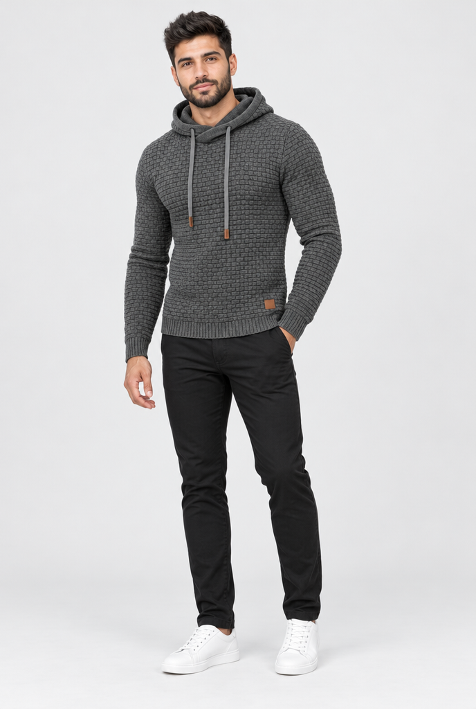 Pull à capuche en maille vannerie — Anthracite — silhouette complète