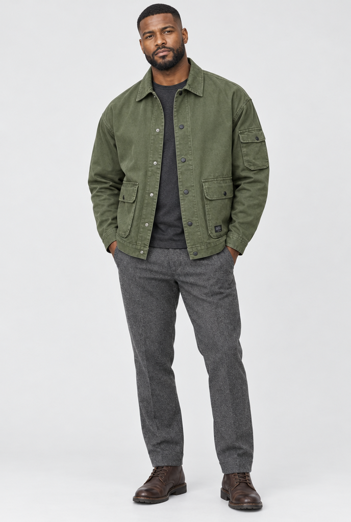 Veste de travail utilitaire à poches rabat Homme — Olive — silhouette complète