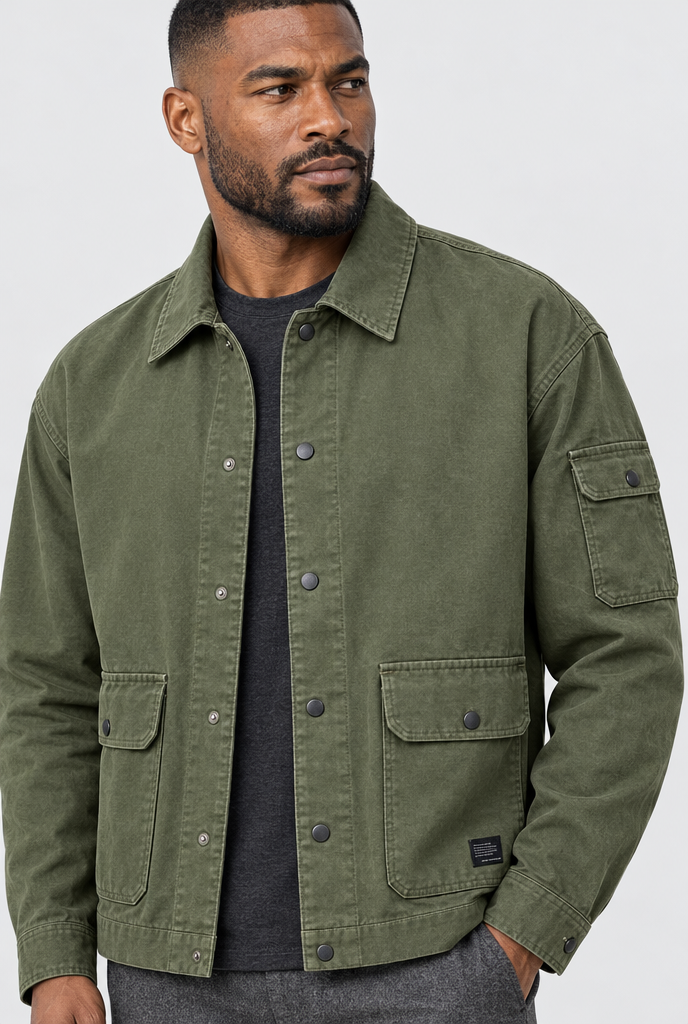 Veste de travail utilitaire à poches rabat Homme — Olive — détail du col