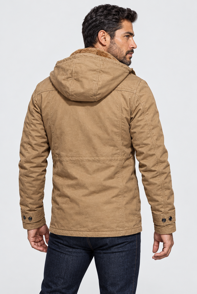 Khaki hooded field jacket, back view