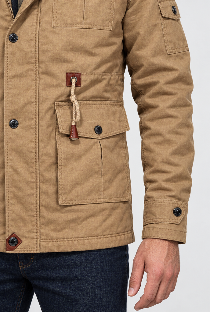 Khaki hooded field jacket, pocket detail