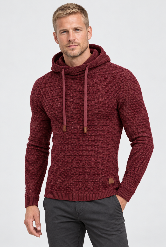 Pull à capuche en maille vannerie — Bordeaux — photo studio