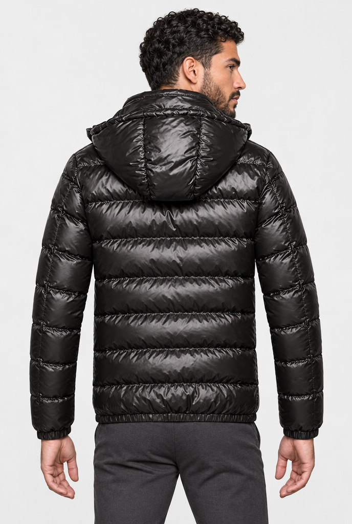 Black glossy hooded puffer jacket, back