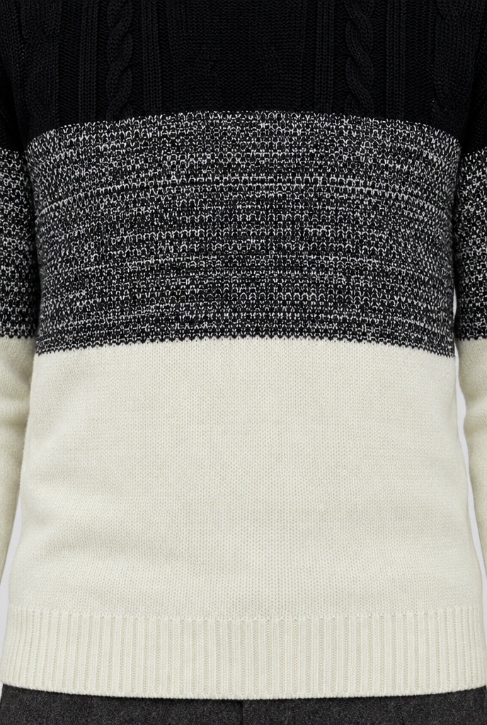 Pull col rond tricolore en maille torsadée — Noir & crème — détail