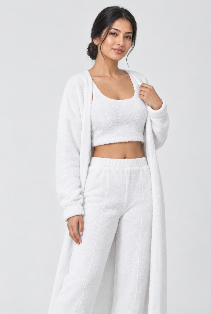 Ensemble d'intérieur 3 pièces avec long gilet duveteux — Blanc — photo studio