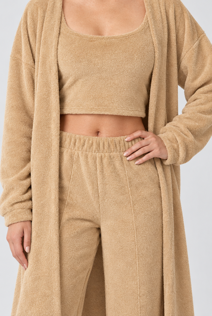 Ensemble d'intérieur 3 pièces avec long gilet duveteux — Camel — détail