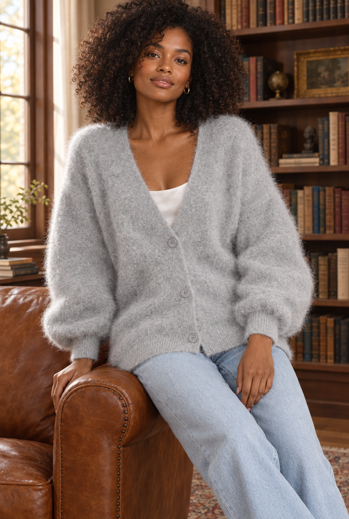 Gilet oversize duveteux boutonné col V — Gris clair — en situation