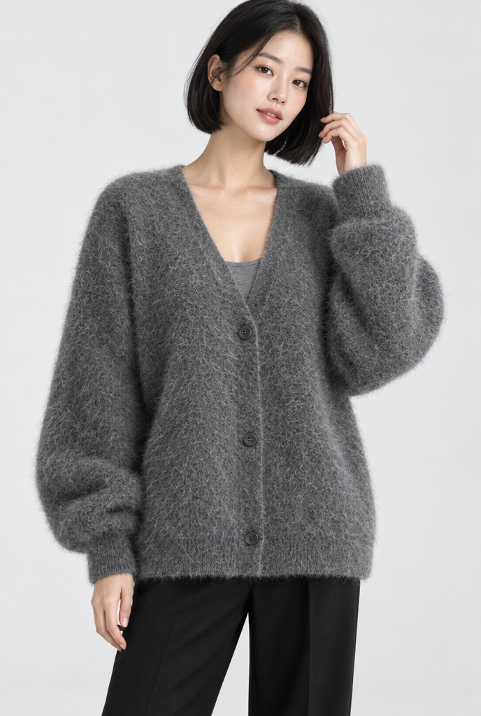 Gilet oversize duveteux boutonné col V — Anthracite — photo studio
