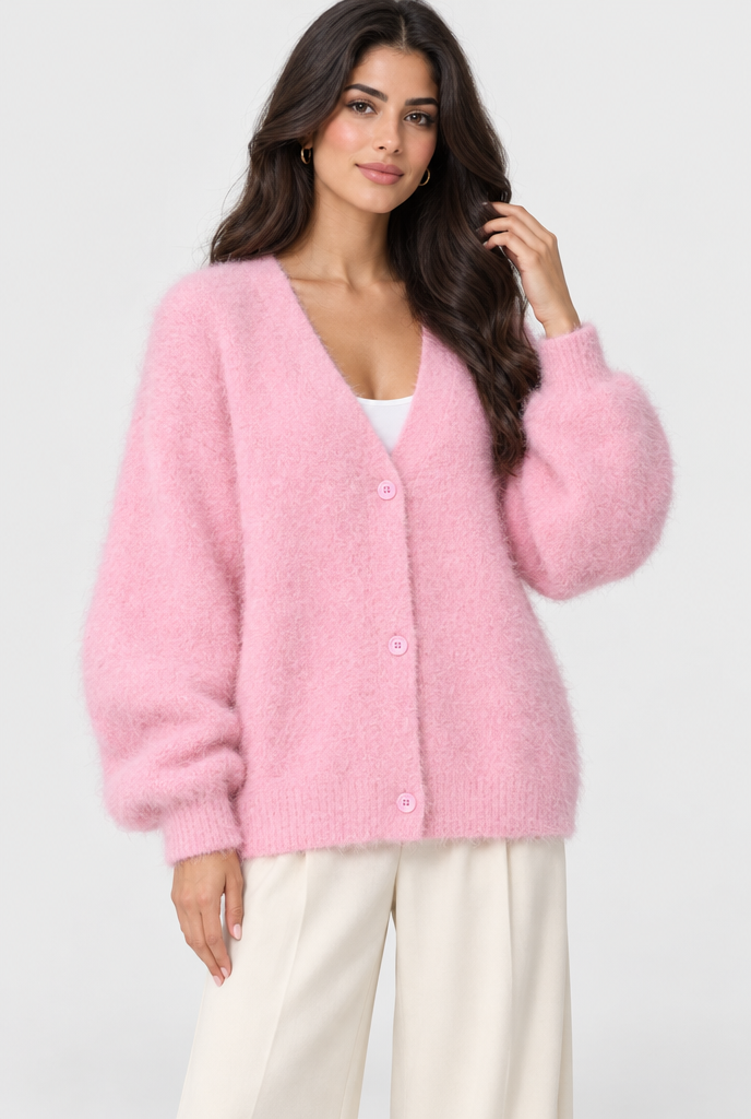 Gilet oversize duveteux boutonné col V — Rose pâle — photo studio
