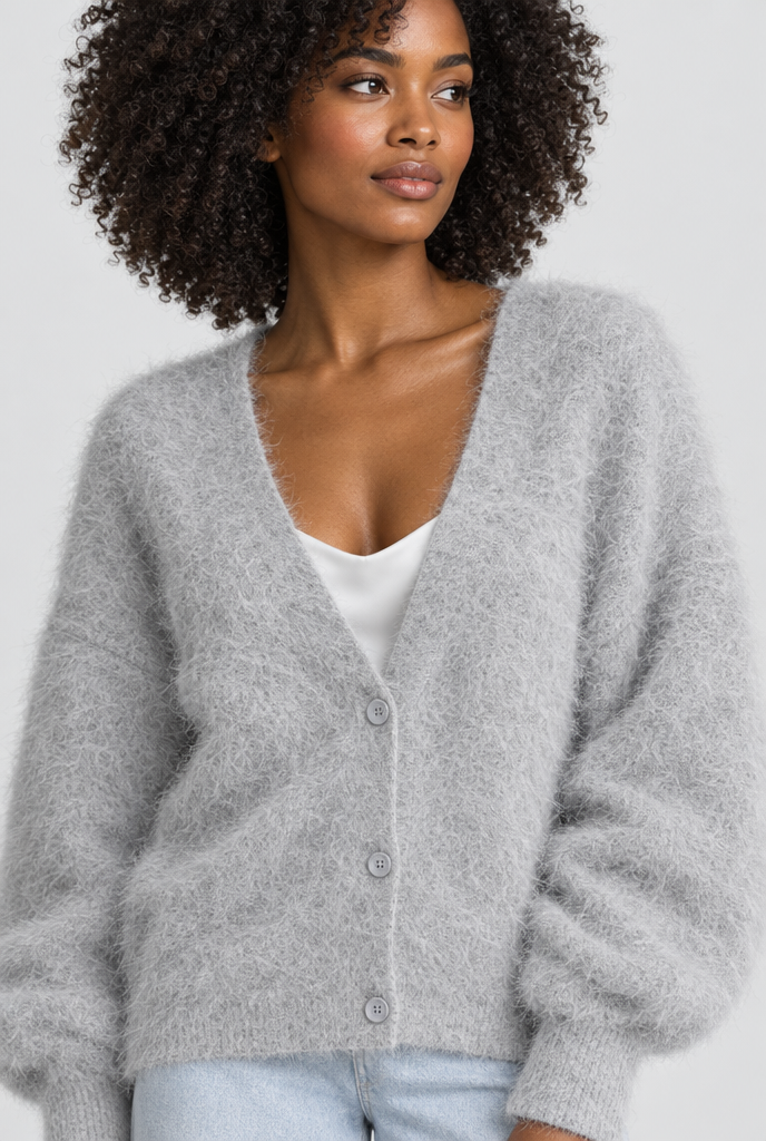 Gilet oversize duveteux boutonné col V — Gris clair — détail du col