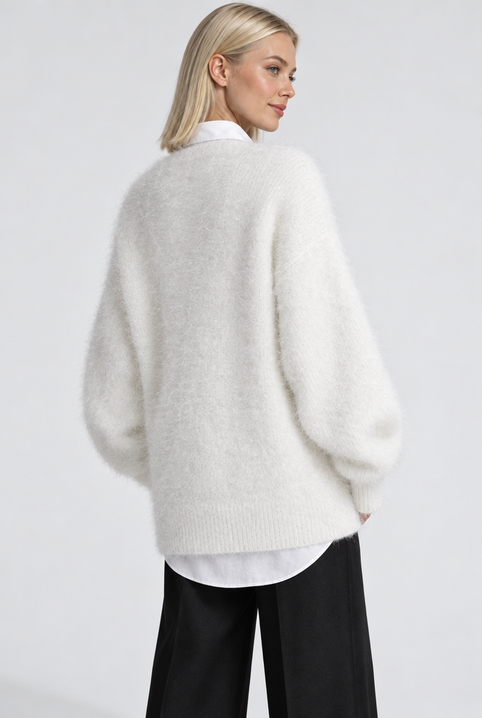 Gilet oversize duveteux boutonné col V — Ivoire — vue de dos