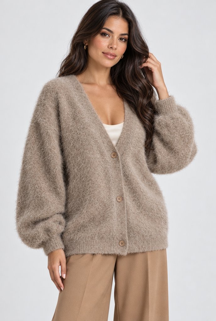 Gilet oversize duveteux boutonné col V — Taupe — photo studio