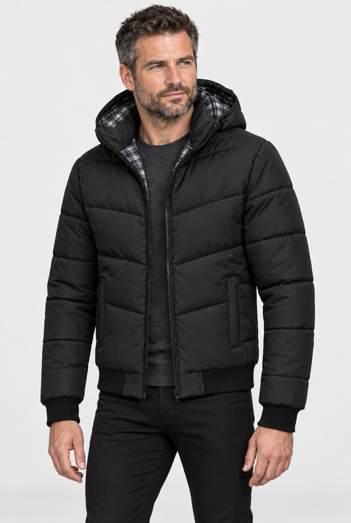 Men's Plaid-Lined Hooded Puffer Jacket