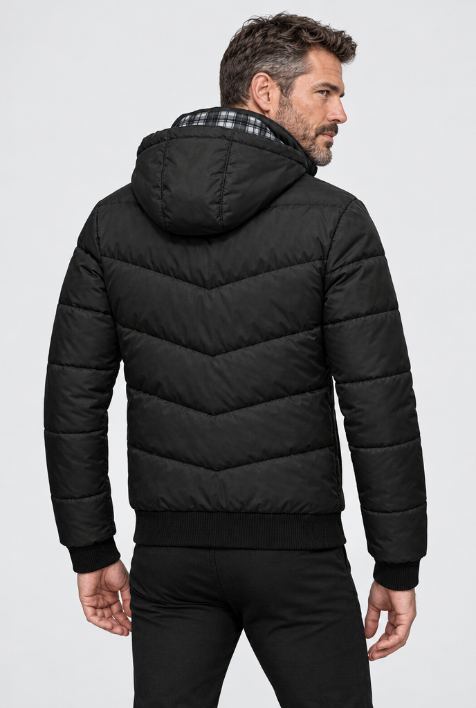Doudoune à capuche doublée tartan — Noir — vue de dos