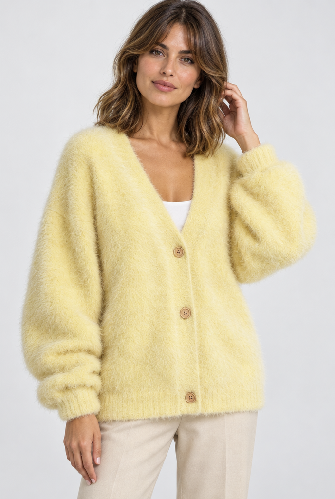 Gilet oversize duveteux boutonné col V — Jaune beurre — photo studio