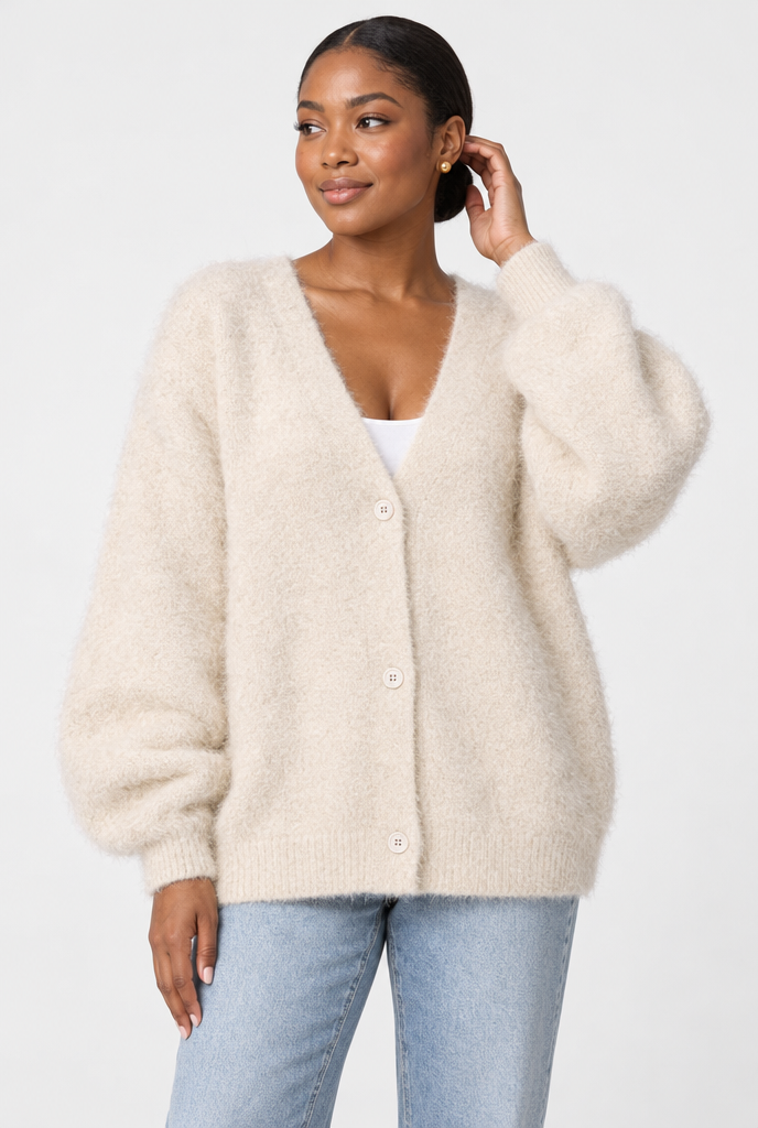 Gilet oversize duveteux boutonné col V — Crème — photo studio