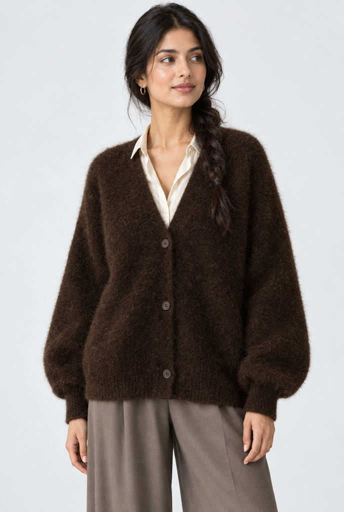 Gilet oversize duveteux boutonné col V — Marron chocolat — photo studio