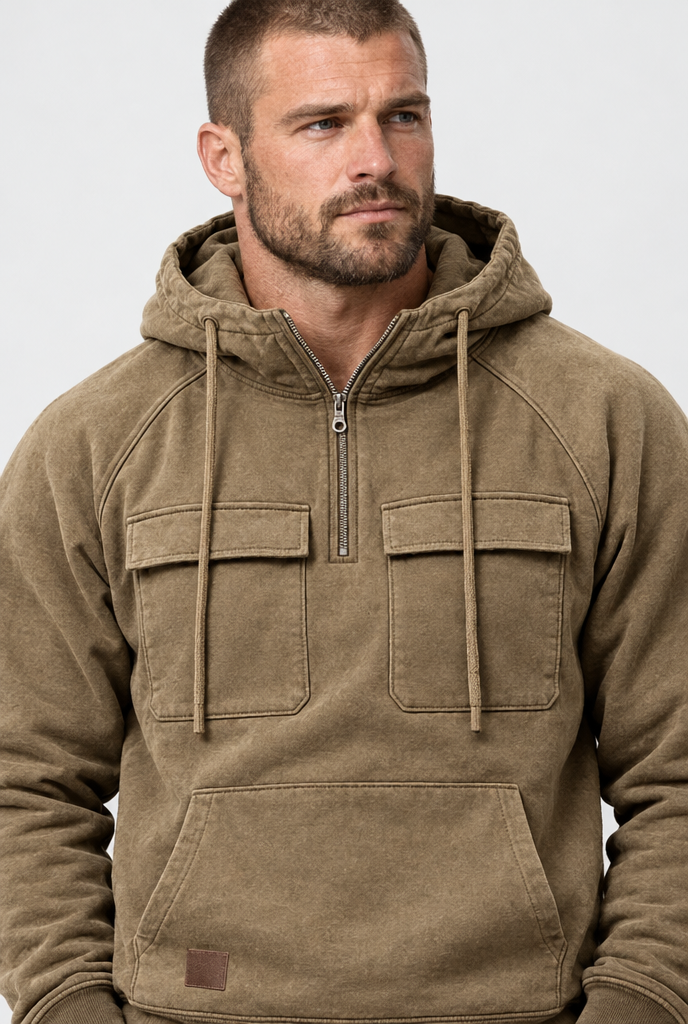 Brown half-zip cargo pocket hoodie, collar close-up