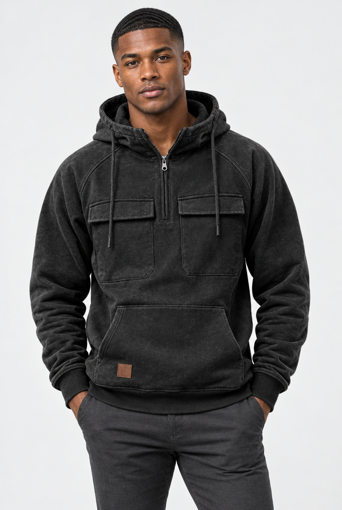 Black half-zip cargo pocket hoodie, studio hero