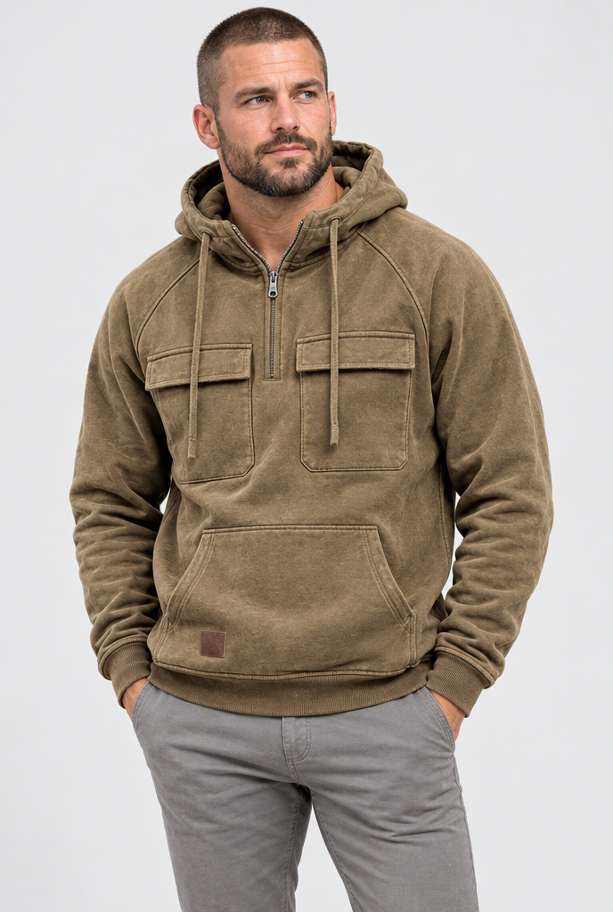 Brown half-zip cargo pocket hoodie, studio hero