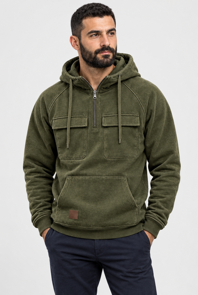 Olive half-zip cargo pocket hoodie, studio hero
