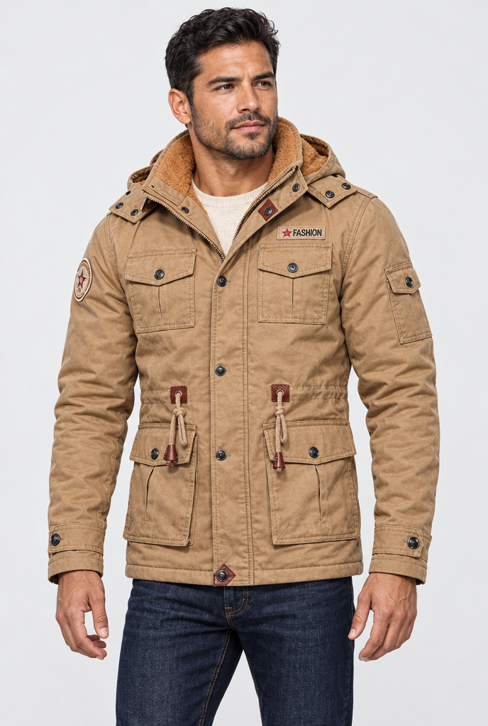 Khaki hooded field jacket, studio hero
