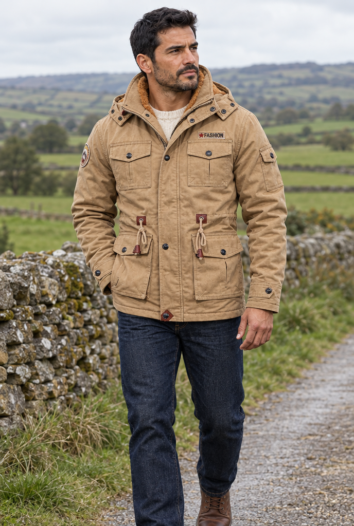Khaki hooded field jacket, lifestyle