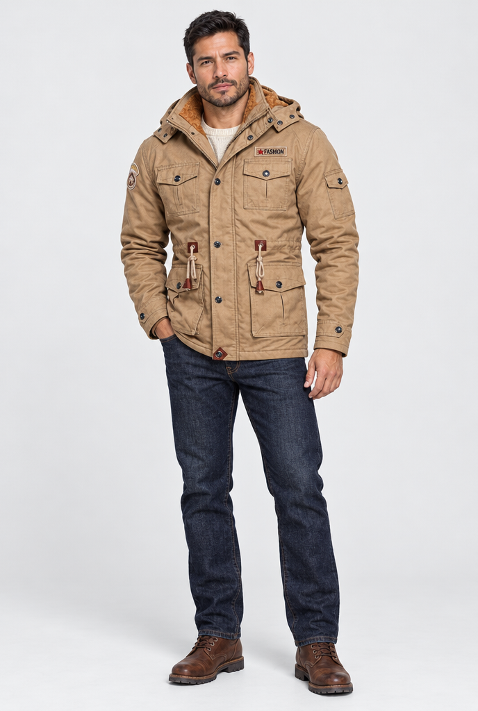 Khaki hooded field jacket, full body