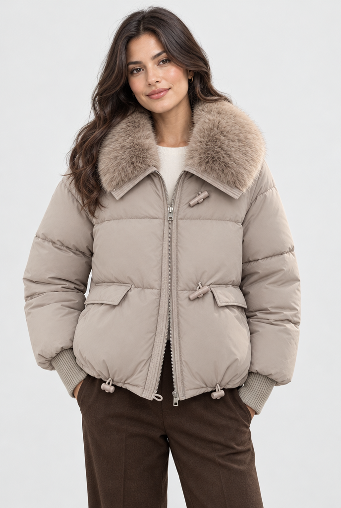 Doudoune courte à col en fausse fourrure — Taupe — photo studio