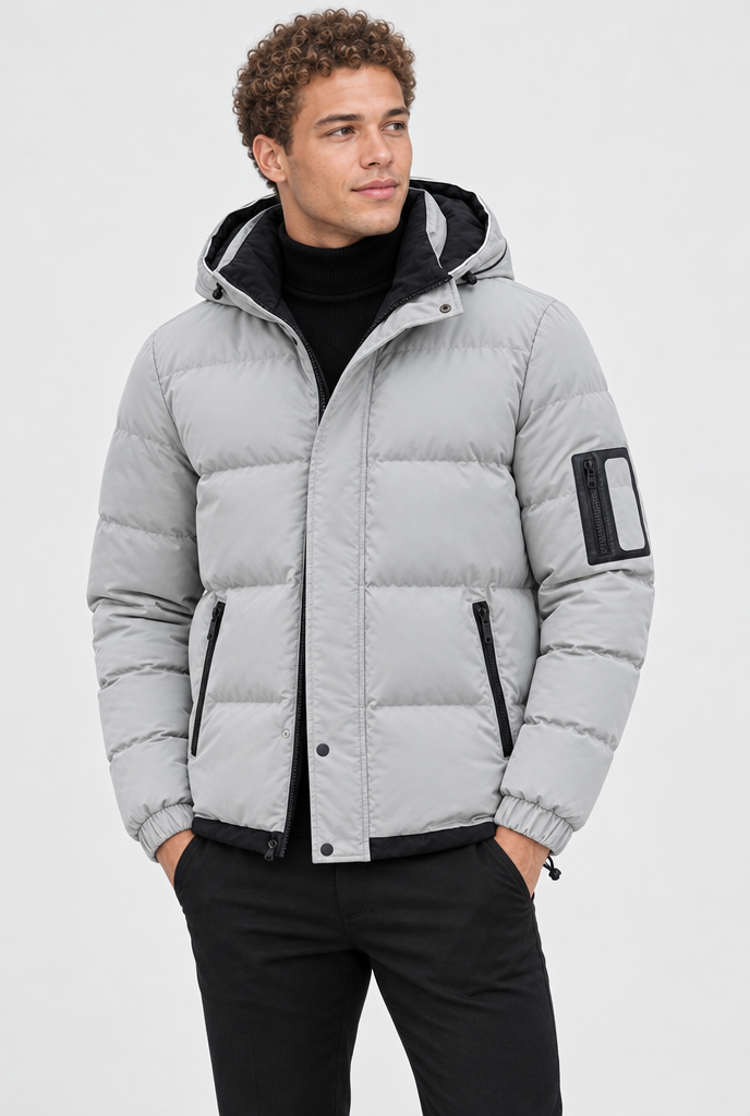 Stone Gray hooded puffer jacket, studio hero