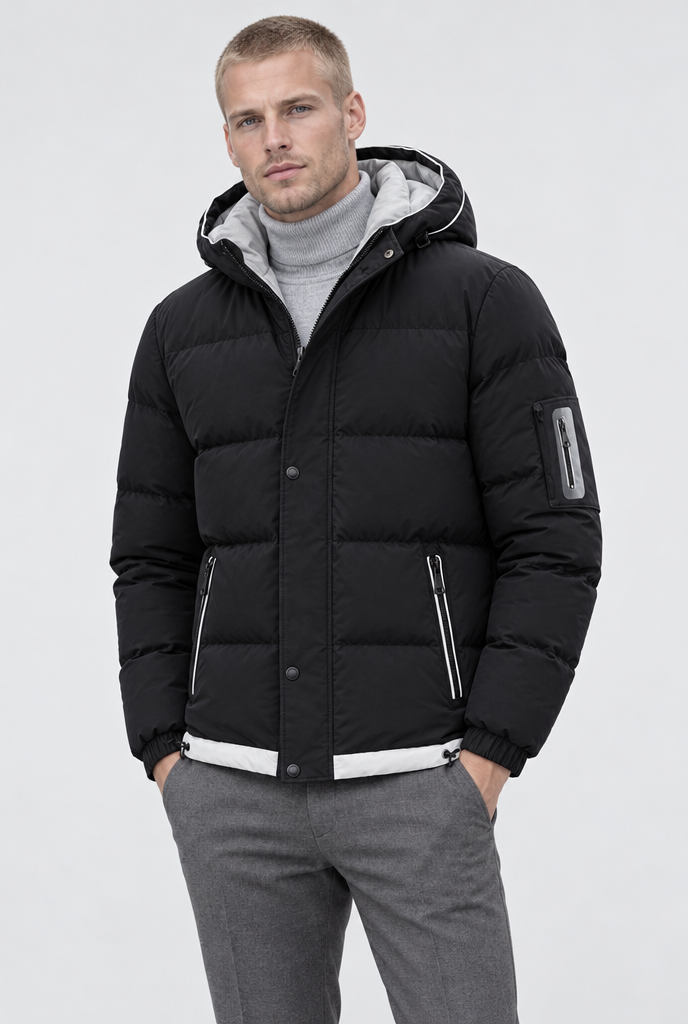Black hooded puffer jacket, studio hero