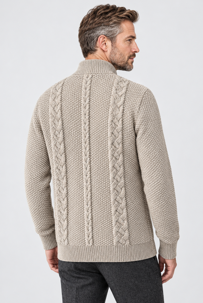 Oatmeal cable-knit stand-collar cardigan, back view