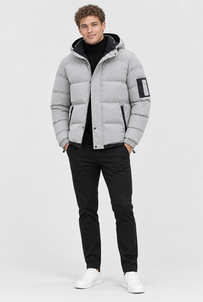 Doudoune à capuche avec finitions contrastées Homme — Gris pierre — silhouette complète