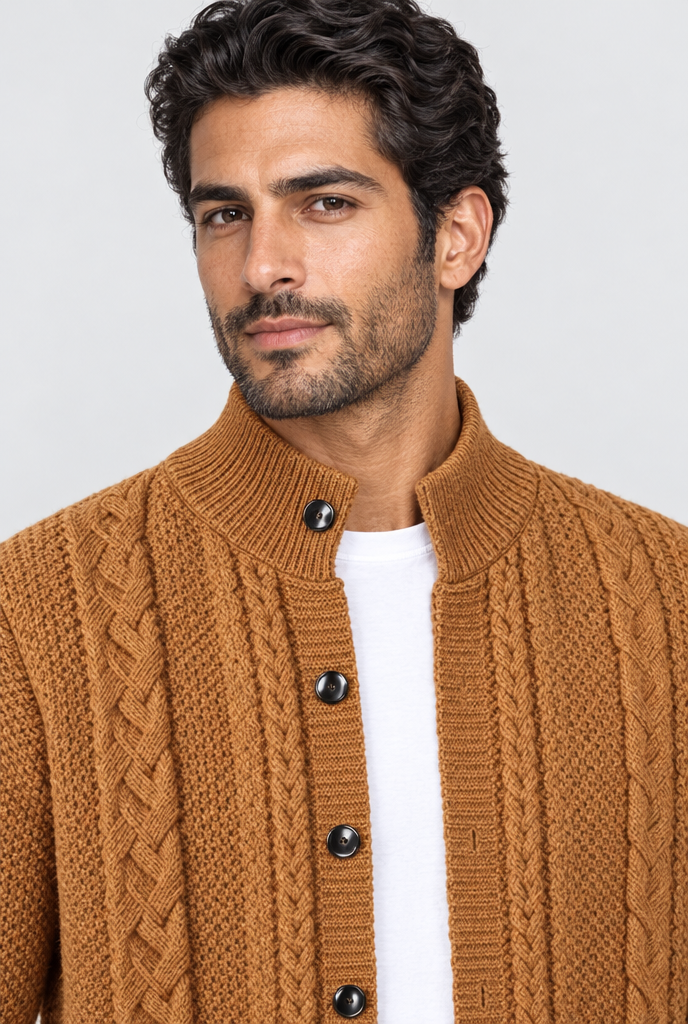 Cardigan torsadé col montant Homme — Caramel — détail du col