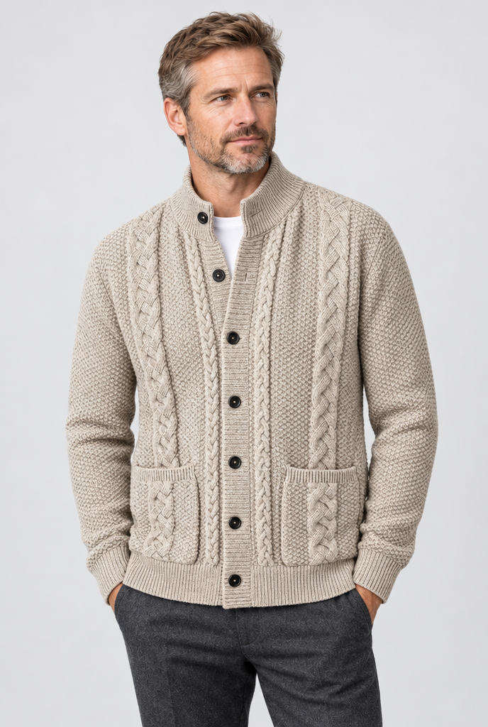 Cardigan torsadé col montant Homme — Flocon d’avoine — photo studio