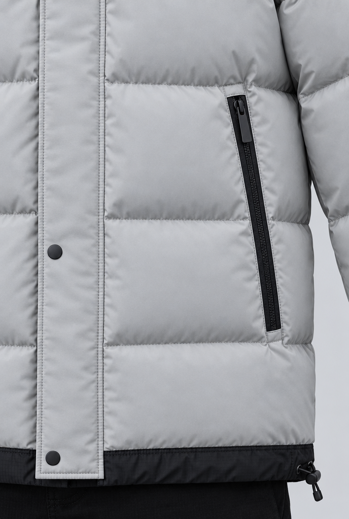 Stone Gray hooded puffer jacket, pocket detail