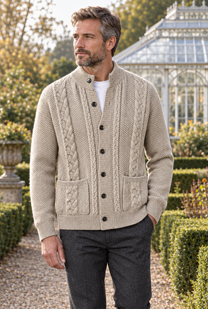 Oatmeal cable-knit stand-collar cardigan, lifestyle