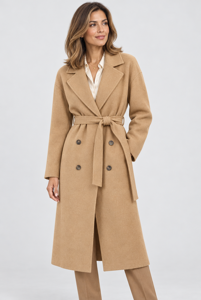 Manteau long croisé ceinturé effet laine — Camel — photo principale