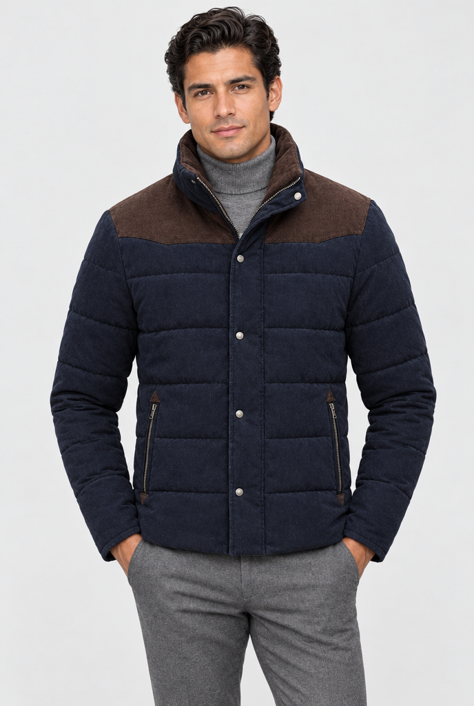 Navy two-tone padded jacket, studio hero