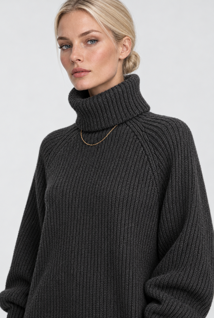 Robe pull col roulé oversize en maille côtelée — Anthracite — détail du col